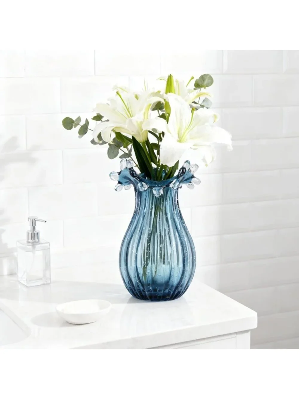 Unique Hand Blown Blue Glass Vase | Modern Art Decor for Living Room & Office